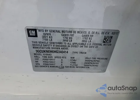 2017 Chevrolet Silverado K1500 z USA, uszkodzony, nr VIN 3GCUKNEH6HG340414